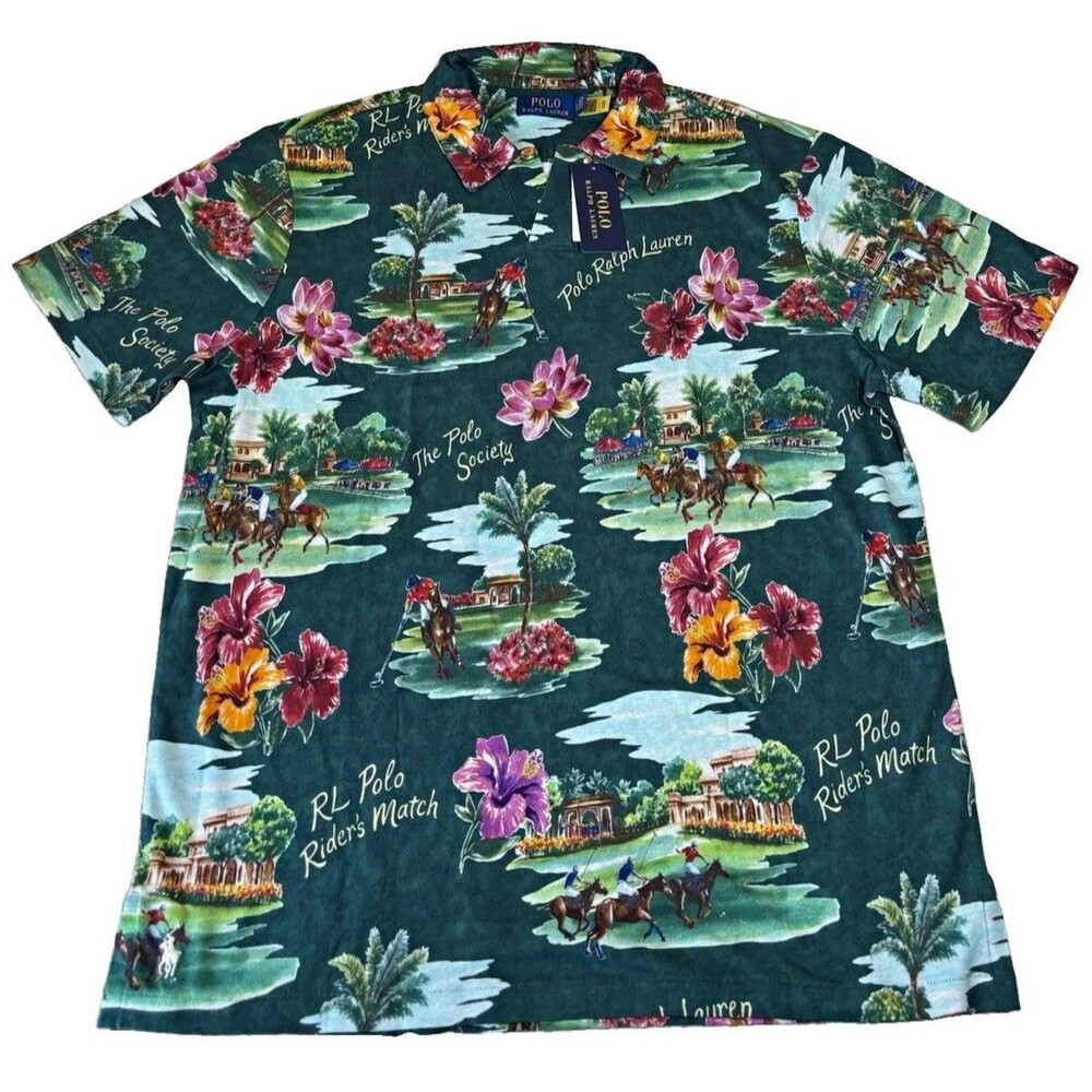NWT Polo Ralph Lauren Floral Paradise Player Linen Blend Green Polo Shirt Size L